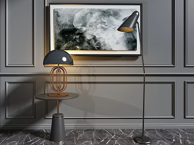 Elegant Interior With Modern Table Lamp And Floor Lamp By Gray Wall Artwork Marble Floor 3d model