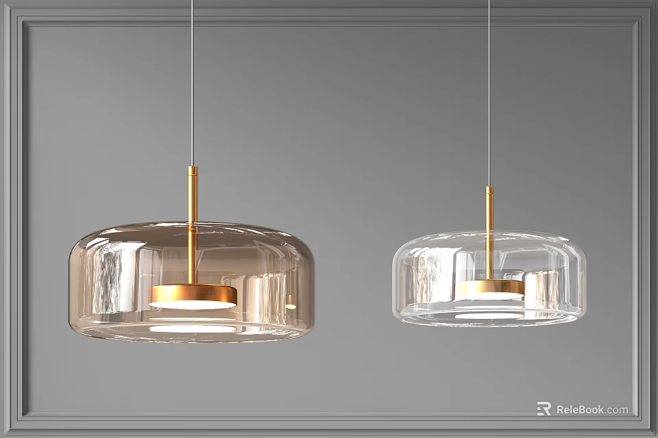 Two Modern Hanging Pendant Lights With Glass Shade And Golden Metal Accents 3d model 