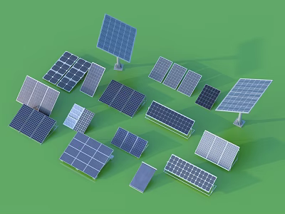 Various Solar Panels in Different Shapes and Sizes on Green Background 3d model