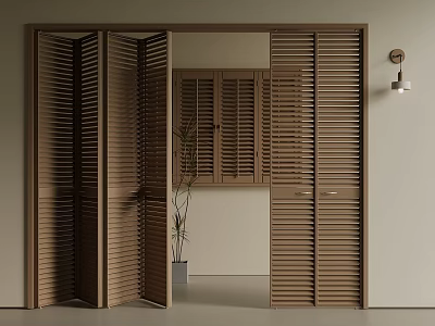 Wooden Louvered Folding Doors For Interior Space With Potted Plant And Wall Sconce 3d model