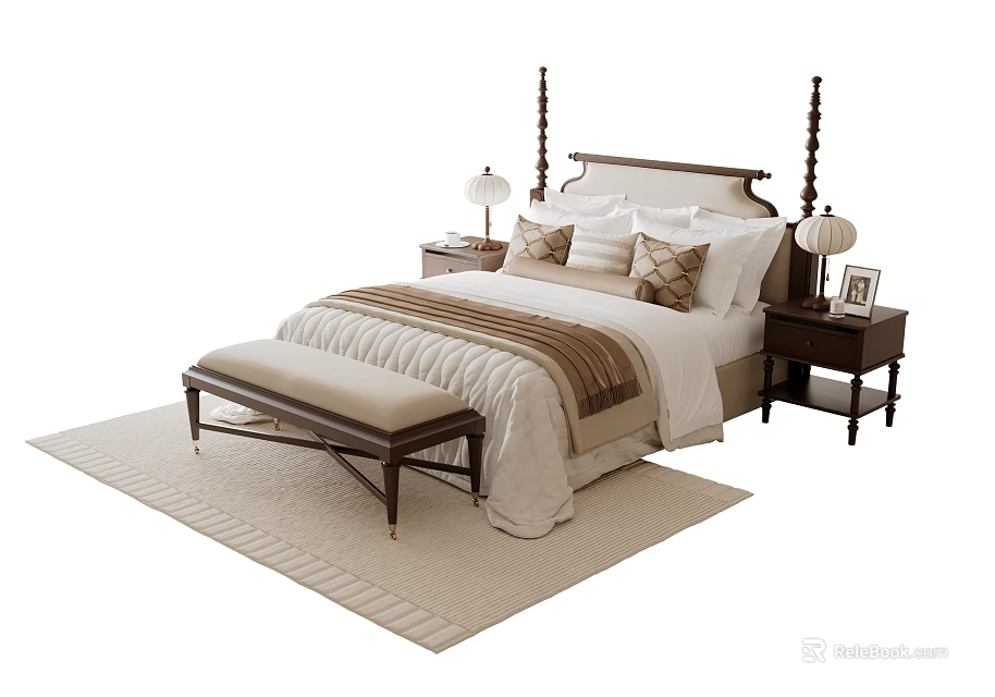 Elegant Double Bed with Decorative Bed Posts Throw Pillows Nightstands Table Lamps Bench and Rug 3d model 