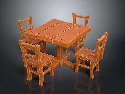 Rustic Wooden Dining Table Set With Four Chairs And Natural Wood Finish 3d model