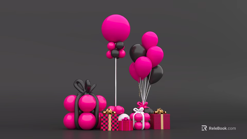Inflatable Pink And Black Balloon Decorations With Festive Gift Boxes 3d model 