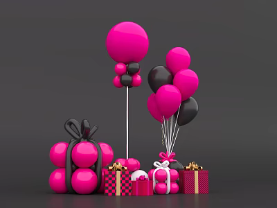 Inflatable Pink And Black Balloon Decorations With Festive Gift Boxes 3d model