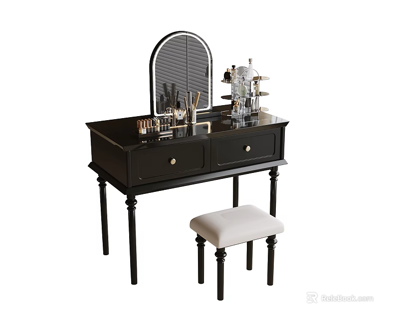 Black Dressing Table With Drawers Mirror Cosmetics And White Cushion Stool 3d model 