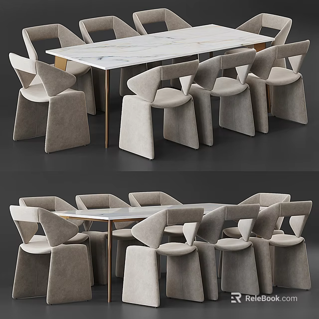Elegant Modern Dining Table Set With White Marble Top And Upholstered Grey Chairs 3d model 