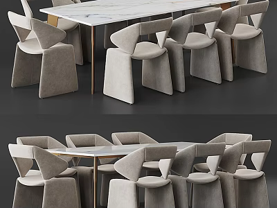 Elegant Modern Dining Table Set With White Marble Top And Upholstered Grey Chairs 3d model