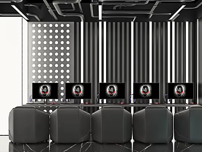 Modern Internet Cafe With Multiple Computers Comfortable Seats And Stylish Decor 3d model