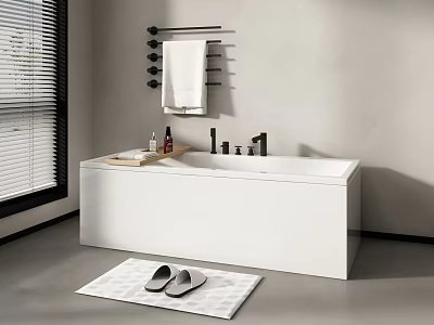 White Bathtub Interior With Towel Rack Bath Products Slippers Mat And Gray Wall Blinds 3d model