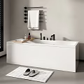 White Bathtub Interior With Towel Rack Bath Products Slippers Mat And Gray Wall Blinds