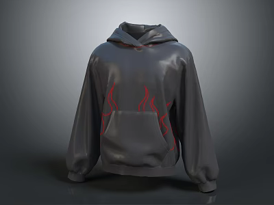 Gray Hoodie With Red Flame Design On Sleeves And Front Pocket 3d model
