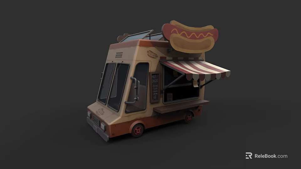 Vintage Hot Dog Food Truck Design With Large Hot Dog Sign And Striped Awning 3d model 