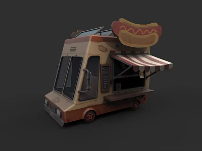 Vintage Hot Dog Food Truck Design With Large Hot Dog Sign And Striped Awning 3d model