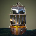 Wooden Ship with Striped Sails Hull Gold Accents and Anchor on Ocean Waves Under Sky