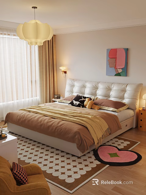 Modern Bedroom Interior Design With White Tufted Headboard Brown Blanket And Colorful Painting 3d model 