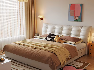 Modern Bedroom Interior Design With White Tufted Headboard Brown Blanket And Colorful Painting 3d model