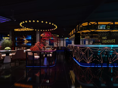 Modern Bar Interior With Circular Lighting Stylish Bar Counter And Comfortable Seating 3d model