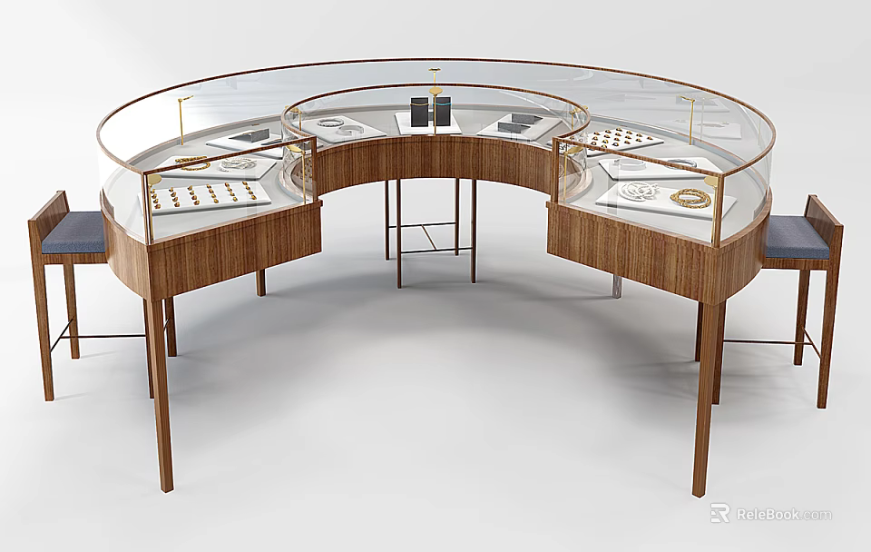Curved Elegant Jewelry Display Showcase With Glass Cover And Wooden Structure 3d model 