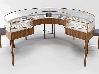 Curved Elegant Jewelry Display Showcase With Glass Cover And Wooden Structure 3d model