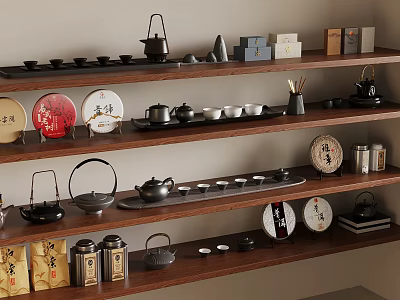 Traditional Tea Accessories Arranged on Wooden Shelves with Teapots Cups and Plates 3d model