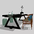 Traditional Chinese Tea Table And Chairs With Tea Set Decorative Plant And Colored Backrests