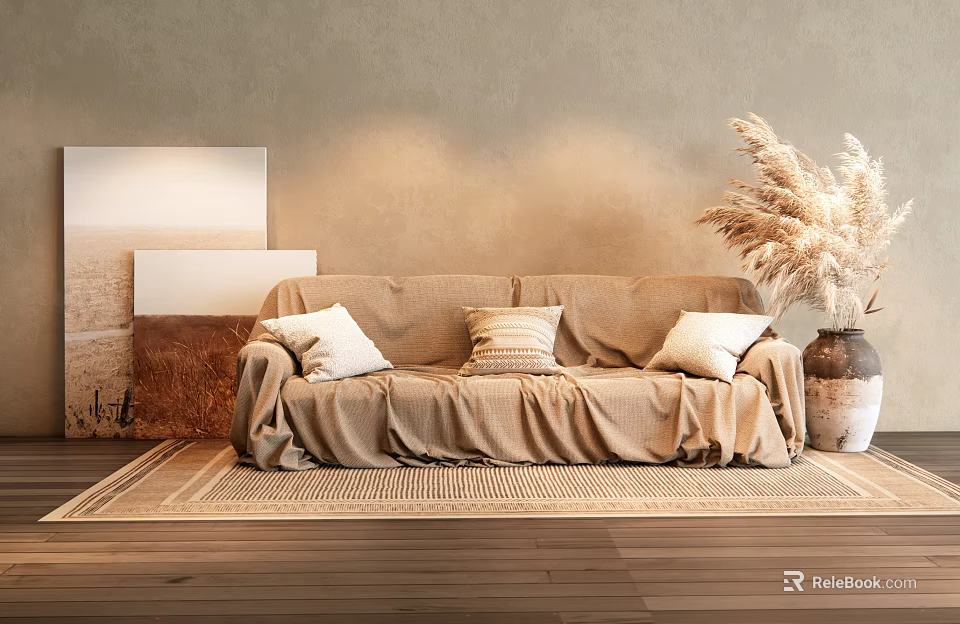 Two-Seater Beige Sofa With Slipcover Pillows Woven Rug And Pampas Grass Vase On Neutral Wall 3d model 