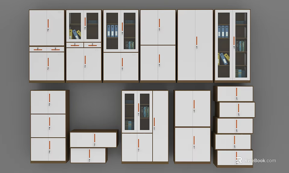 White Modern Bookcases With Glass Doors And Drawer Storage Units 3d model 