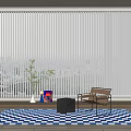 White Vertical Blinds in Modern Interior with Blue White Checkered Rug Chair and Potted Plant
