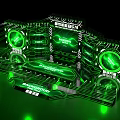 Modern Smart Stage Design with Green Dynamic Lighting Effects and Printed Backdrop