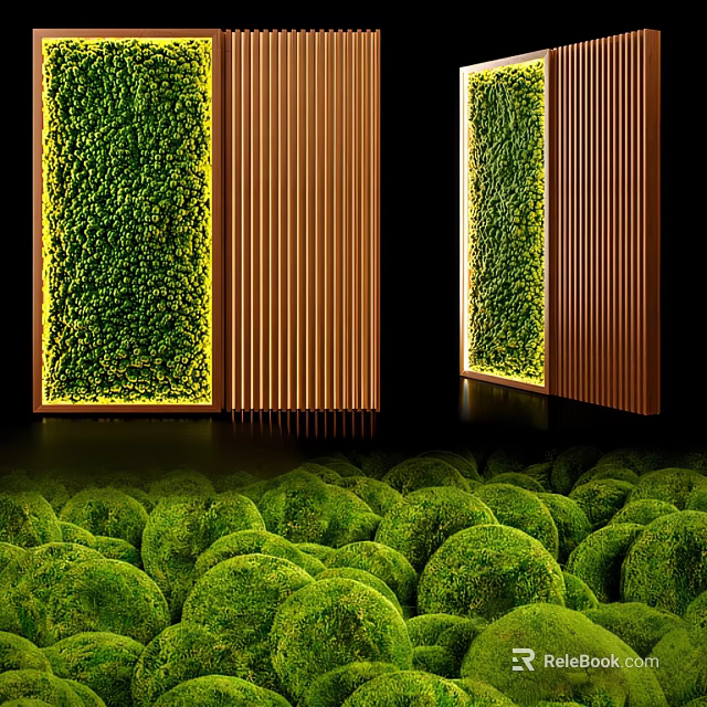 Interior Green Moss Wall Decor With Wooden Slats 3d model 