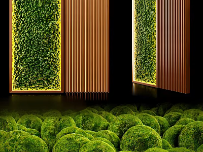 Interior Green Moss Wall Decor With Wooden Slats 3d model