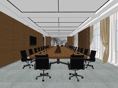 Modern Conference Room Interior With Long Table Black Office Chairs Wooden Walls And Window Curtains 3d model