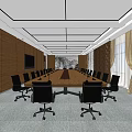 Modern Conference Room Interior With Long Table Black Office Chairs Wooden Walls And Window Curtains
