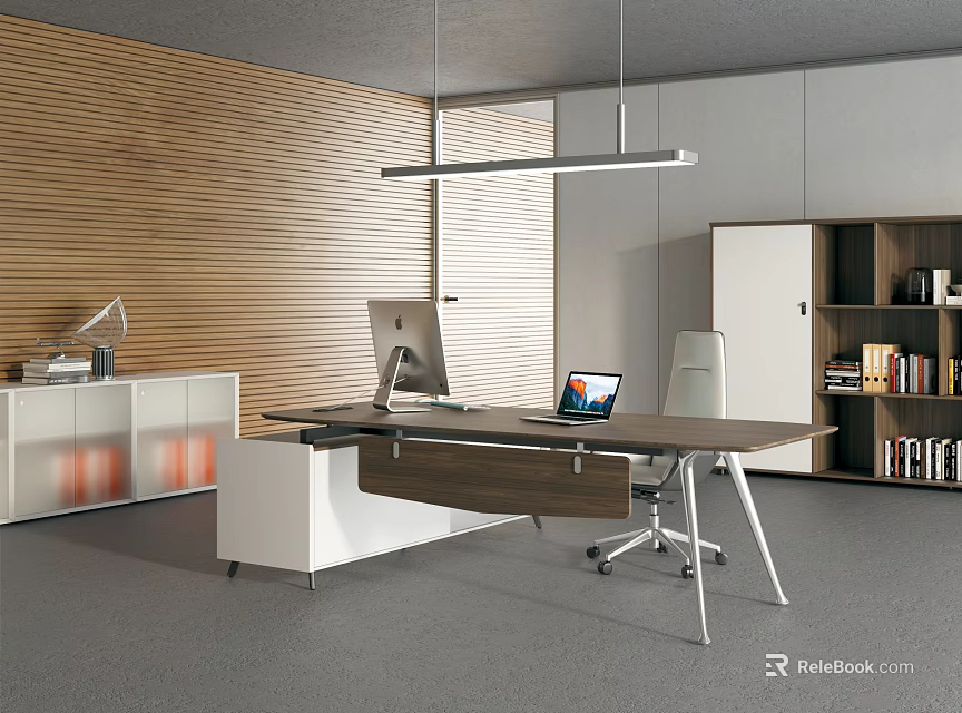 Modern Office Desk With Computer Chair Bookshelf Wooden Wall And Gray Floor 3d model 