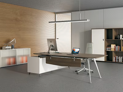 Modern Office Desk With Computer Chair Bookshelf Wooden Wall And Gray Floor 3d model