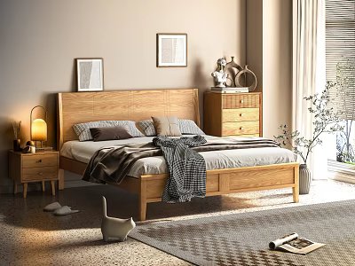 Natural Wooden Double Bed With Nightstand Table Lamp Wall Paintings And Area Rug 3d model