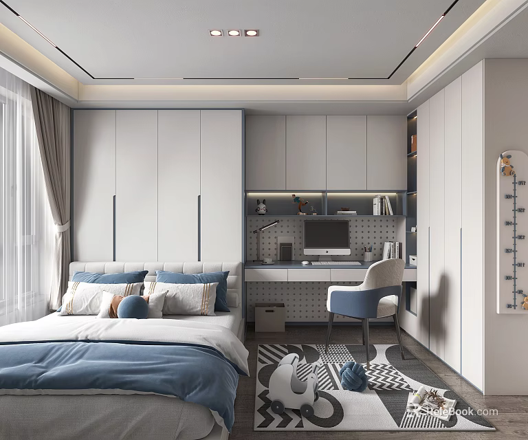 Cozy Tatami Bedroom Interior Design With Blue Bed White Cabinets Desk Area And Window Curtains 3d model 