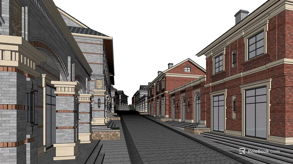 Traditional Commercial Street With Red Brick Buildings Stone Paved Road Arched Portals And Classic Architectural Designs 3d model 