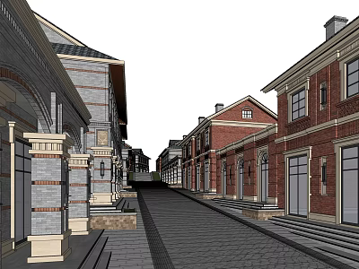 Traditional Commercial Street With Red Brick Buildings Stone Paved Road Arched Portals And Classic Architectural Designs 3d model