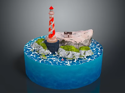 Red And White Striped Lighthouse On Rocky Island Surrounded By Blue Ocean Waves 3d model