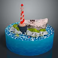 Red And White Striped Lighthouse On Rocky Island Surrounded By Blue Ocean Waves