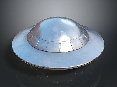 Silver Metallic UFO Model With Circular Base Ring Reflective Surface Dark Background And Green Lights 3d model