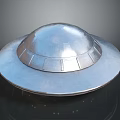 Silver Metallic UFO Model With Circular Base Ring Reflective Surface Dark Background And Green Lights 3d model