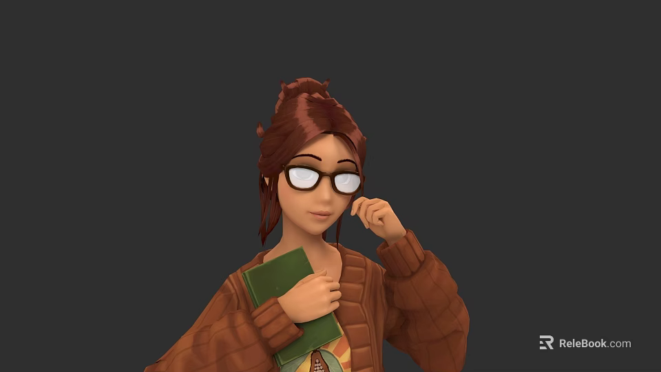 Woman With Brown Hair Updo Wearing Glasses And Brown Sweater Holding Green Notebook 3d model 