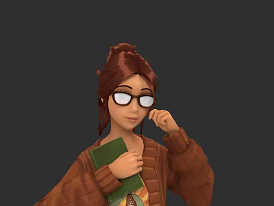 Woman With Brown Hair Updo Wearing Glasses And Brown Sweater Holding Green Notebook 3d model