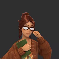 Woman With Brown Hair Updo Wearing Glasses And Brown Sweater Holding Green Notebook