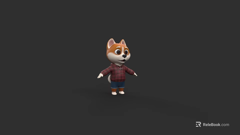 Cute Cartoon Dog Character Wearing Plaid Shirt And Jeans Standing On Black Background Design 3d model 