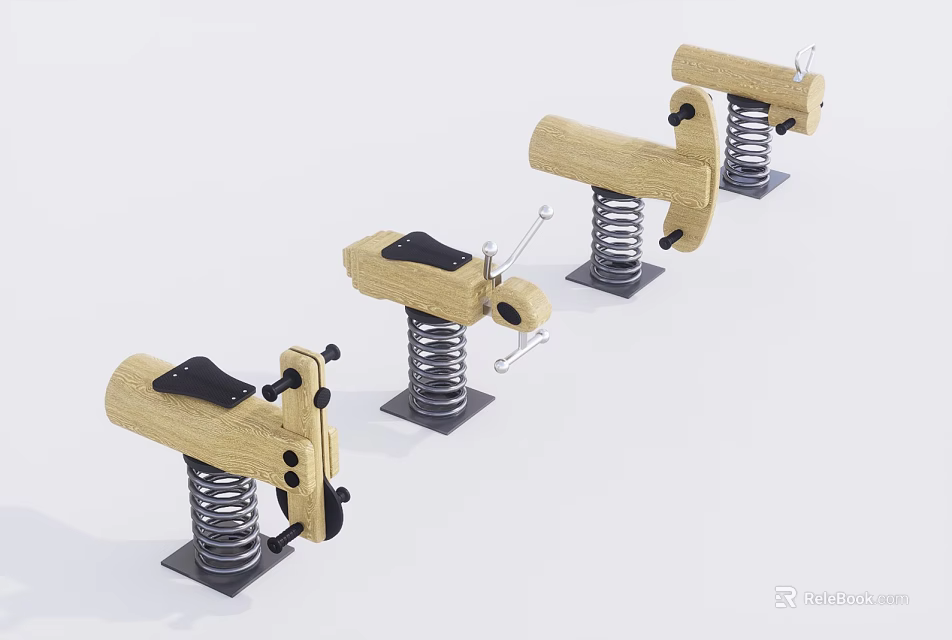 Building Blocks Spring Rocking Horses Four Light Wooden With Black Seats And Metal Spring Bases 3d model 