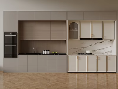 Modern Kitchen With Gray And Beige Cabinets Marble Countertops Built In Oven 3d model