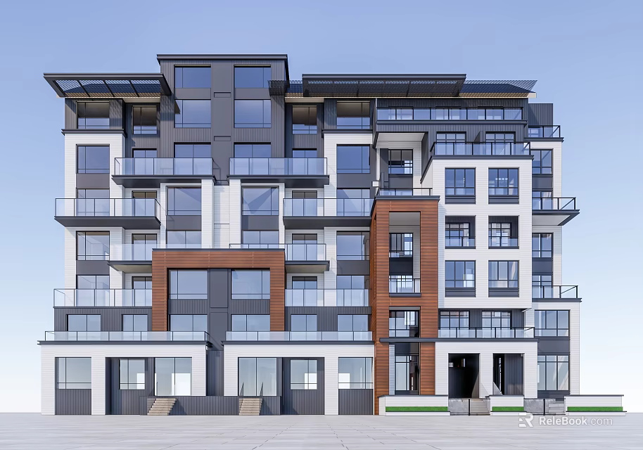 Modern Multi Storey Apartment Building with Glass Brown White Walls Multiple Balconies and Layered Design 3d model 